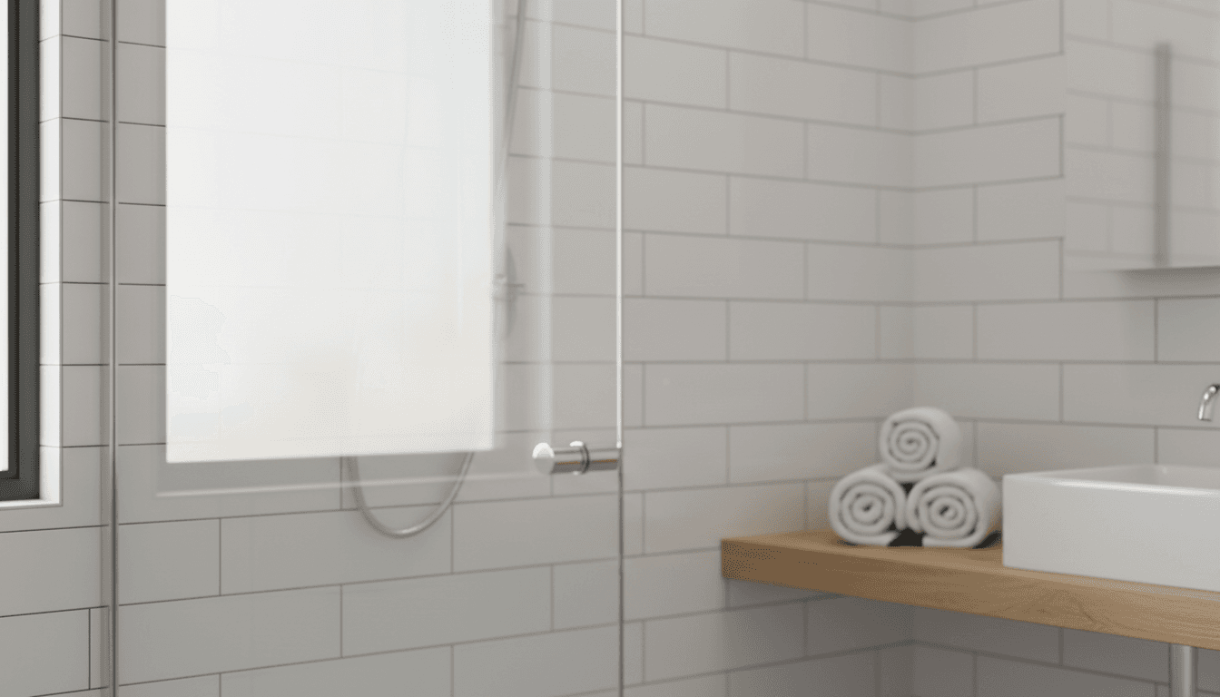 Modern frameless shower screen in a bright bathroom with natural light and minimalist design