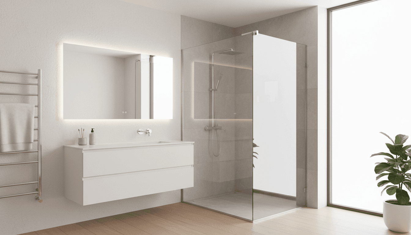 Custom frameless shower screen in a bright, modern bathroom