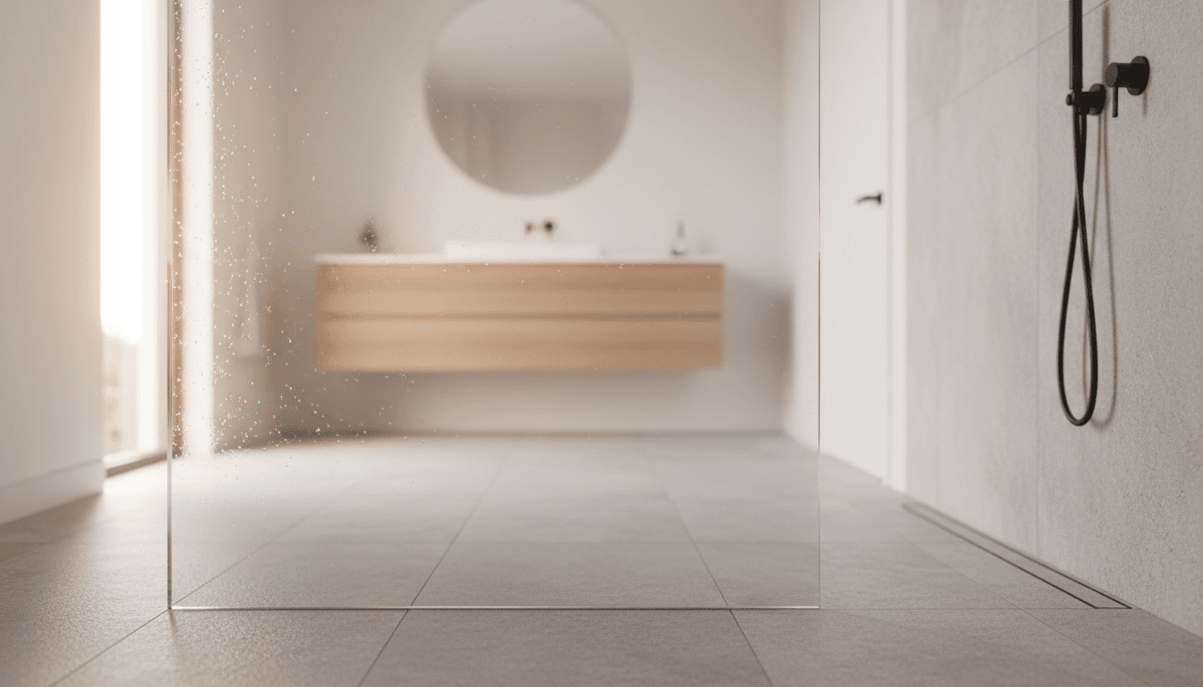 Close-up of a frameless glass shower panel in a bright, modern bathroom with warm natural light