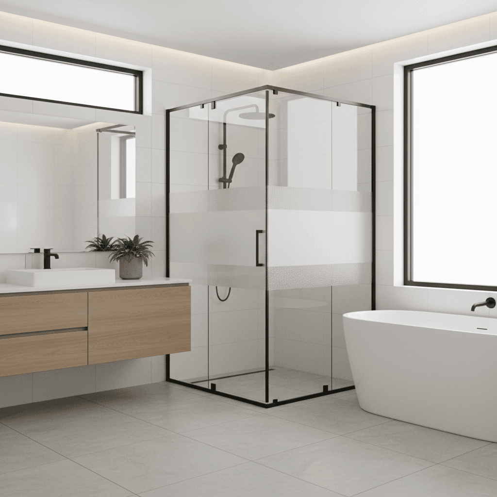 Corner-entry shower screen with clear glass and sliding doors in a modern bathroom