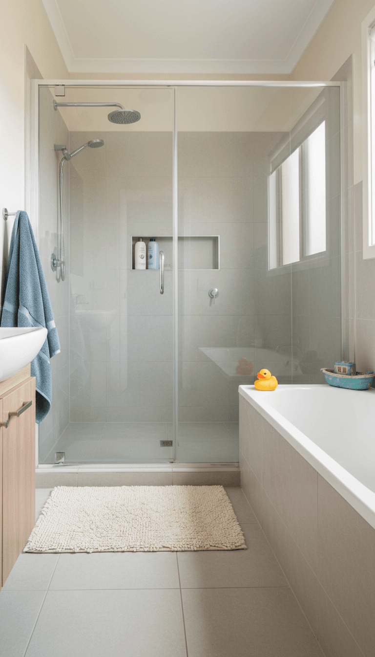Frameless pivoting door shower screen in a family bathroom
