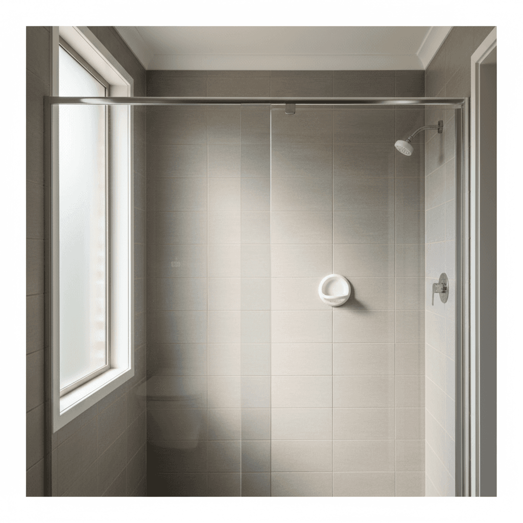 Semi-frameless shower screen in a modern Perth bathroom with natural daylight and slim metal frame visible on top and sides