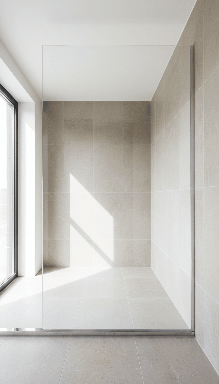 Full-height fixed shower panel with chrome floor channel in a bright wet room
