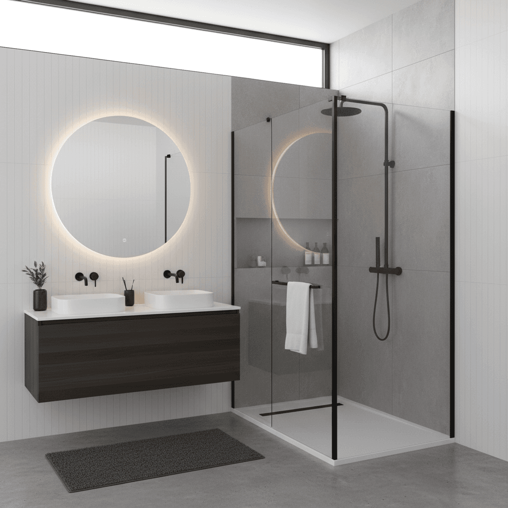 Semi-frameless shower screen with a slim black frame and clear glass in a modern bathroom