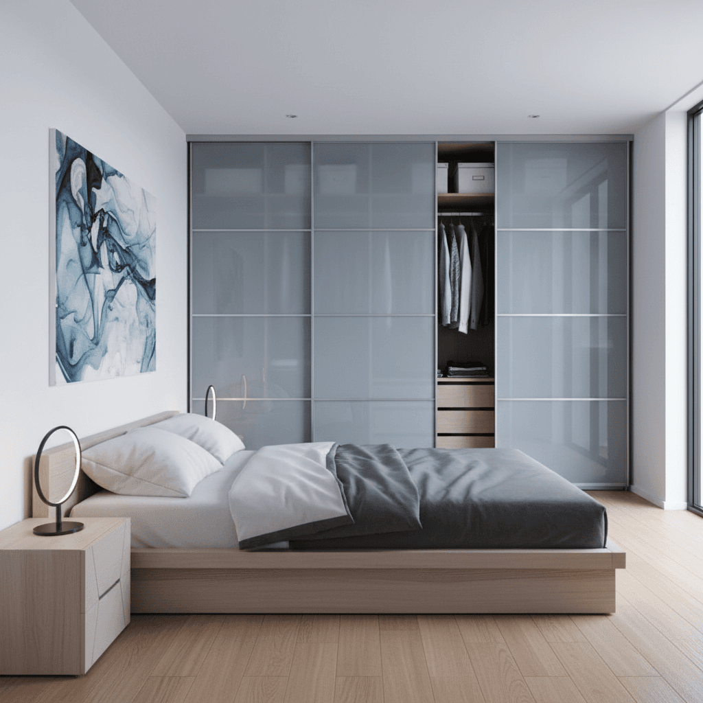 Sliding wardrobe doors with clean panels in a modern bedroom