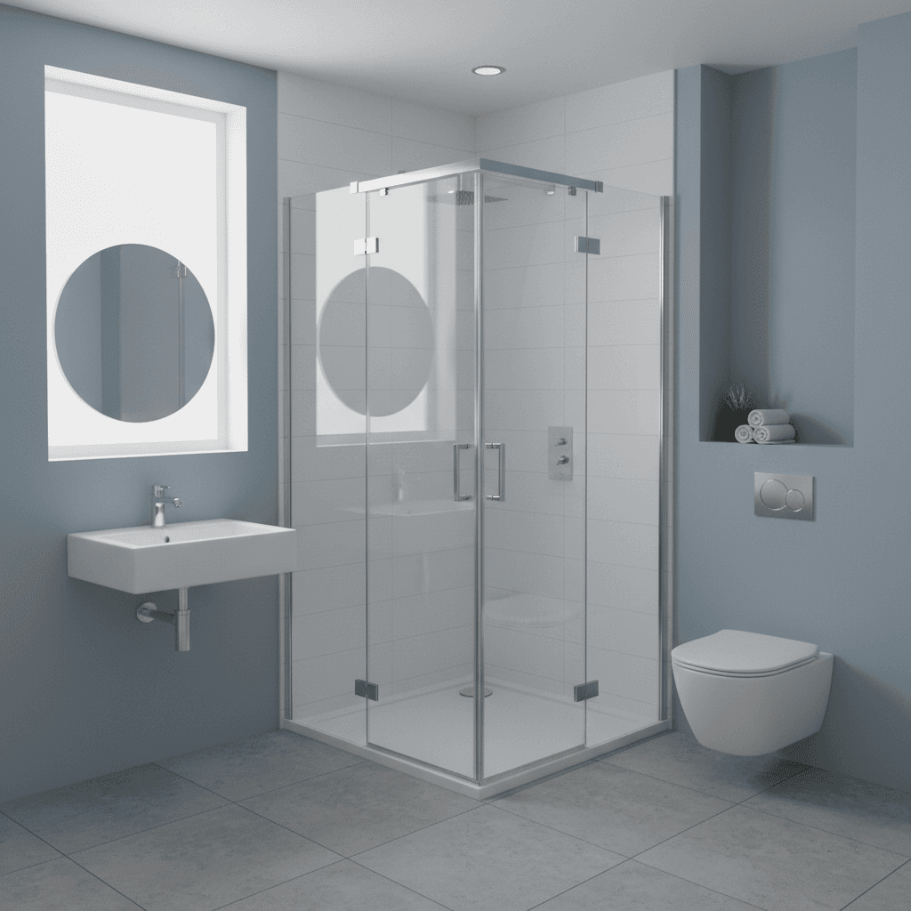 Corner-entry shower screen with sliding glass doors in a compact bathroom