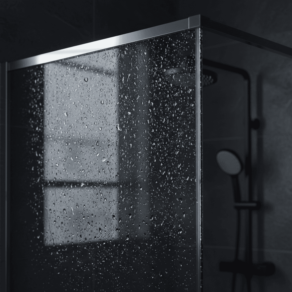 Water droplets on thick 6mm toughened safety glass of a framed shower screen