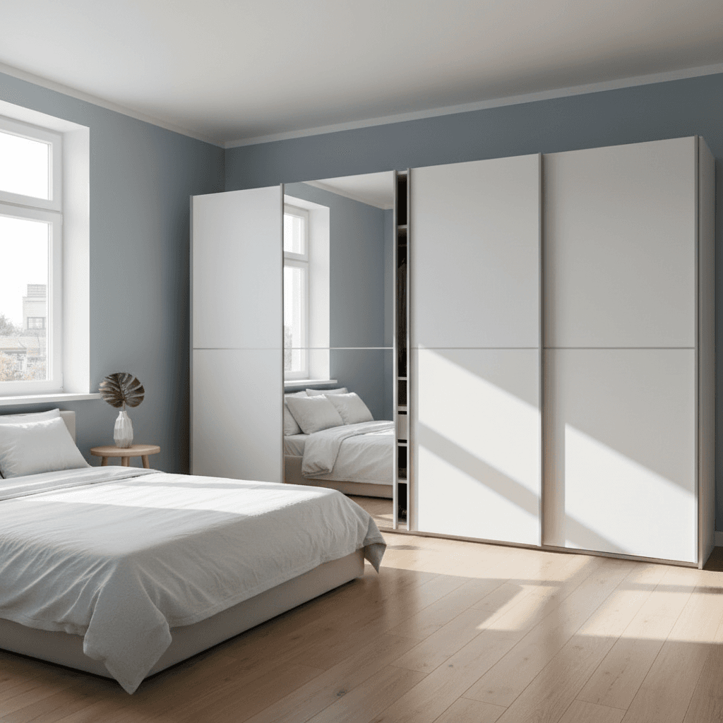 Lifestyle shot of a bedroom with sliding wardrobe doors in matte white and mirror finish