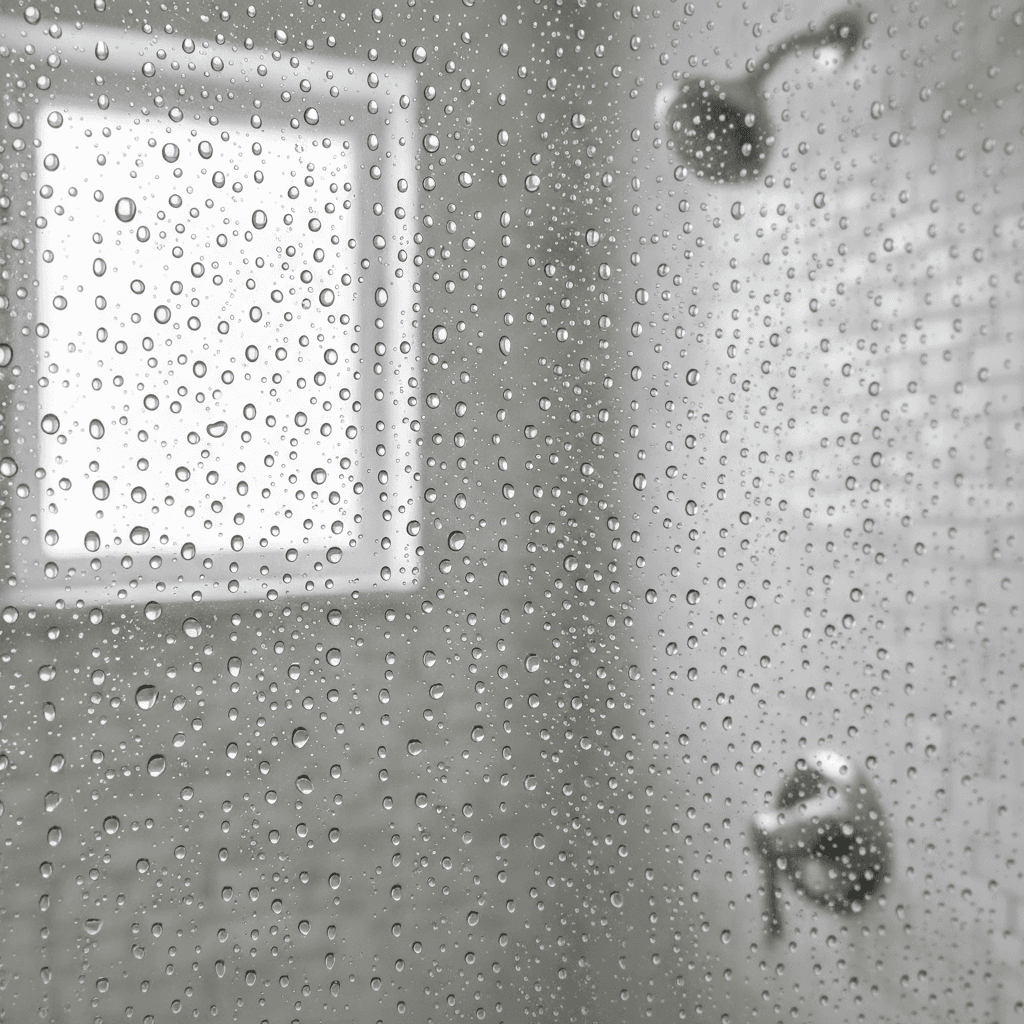 Glass shower screen with water beading on surface after EnduroShield treatment