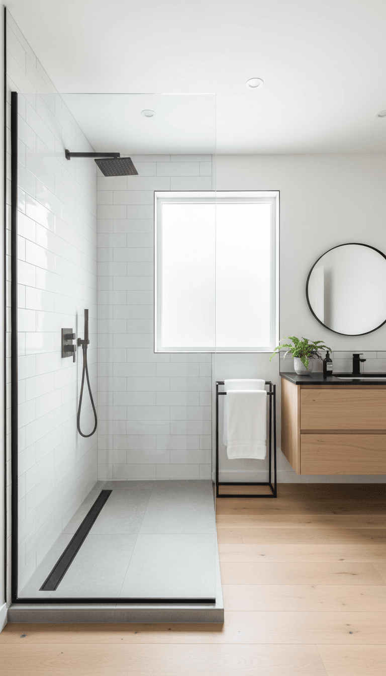 Frameless shower panel in a modern walk-in bathroom