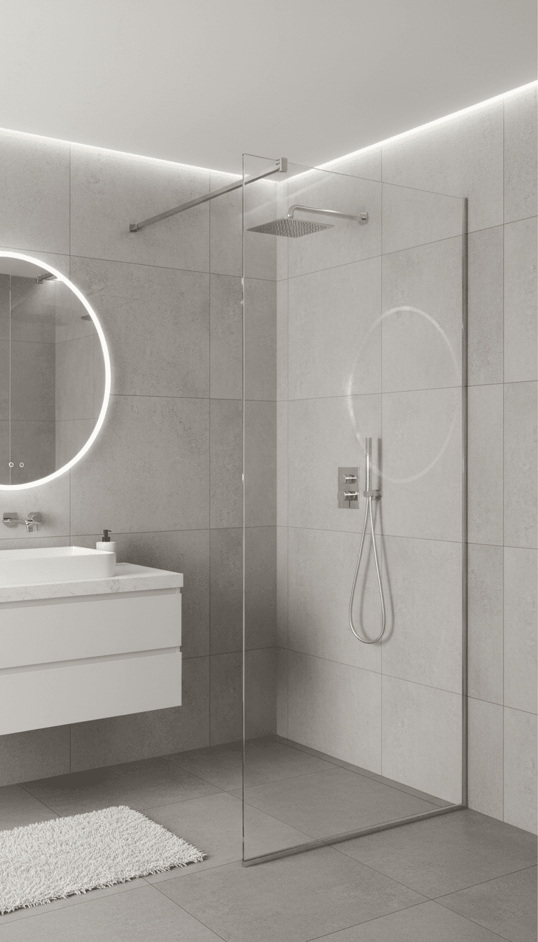 Frameless walk-in shower panel with clear glass