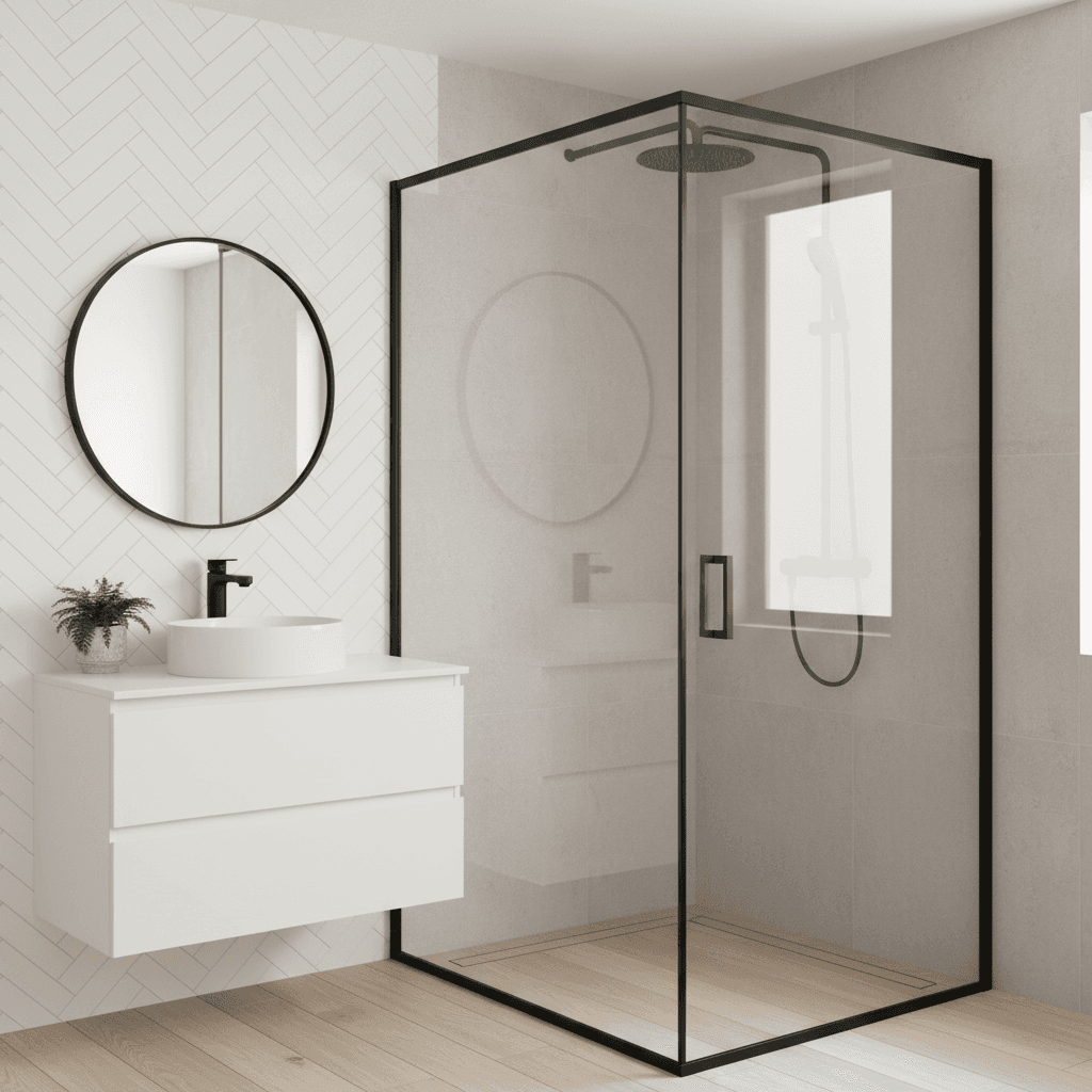 Semi-frameless shower screen with a slim black frame in a renovated bathroom