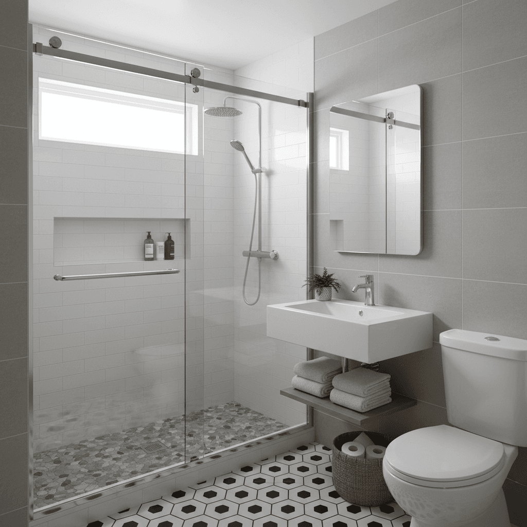 Sliding shower screen with a smooth-gliding door in a compact bathroom