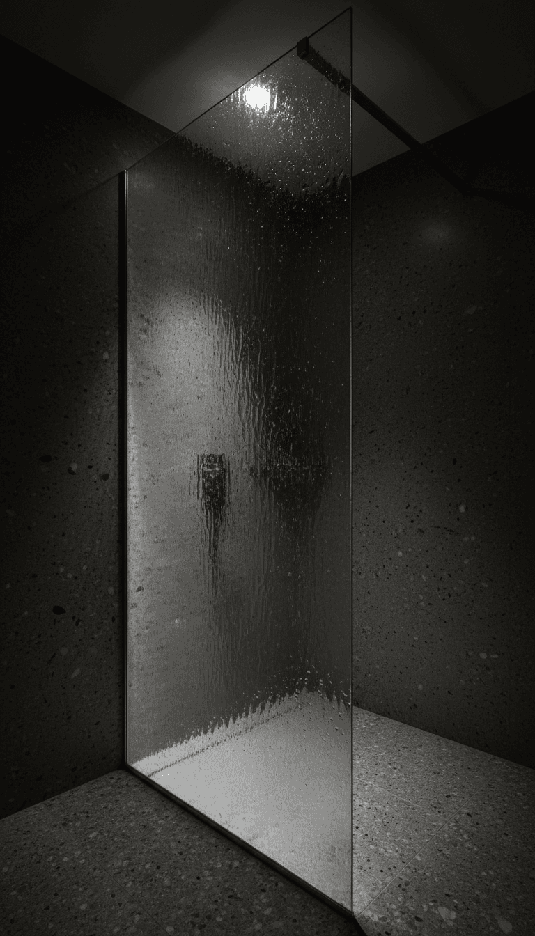 Close-up of textured rain glass frameless shower screen