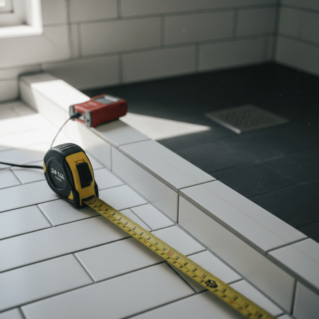 Tape measure on a bathroom floor during shower panel measurement
