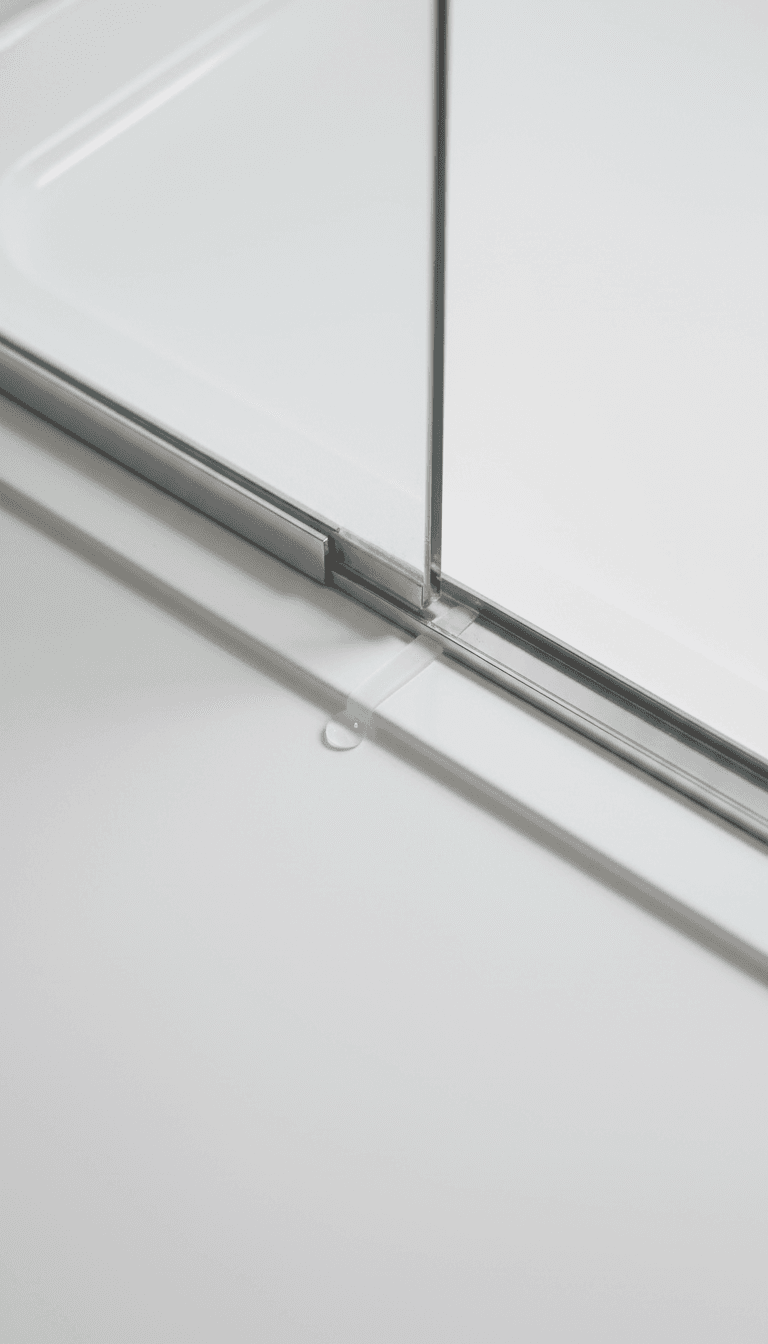 Close-up detail of the bottom seal sweep on a semi-frameless shower screen door against a white shower tray