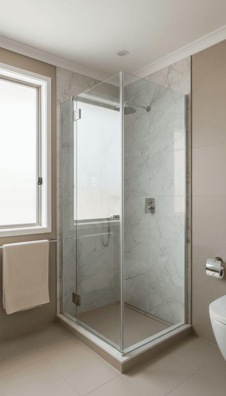 Wide view of a semi-frameless shower screen installed in a modern bathroom, door slightly open revealing tile work