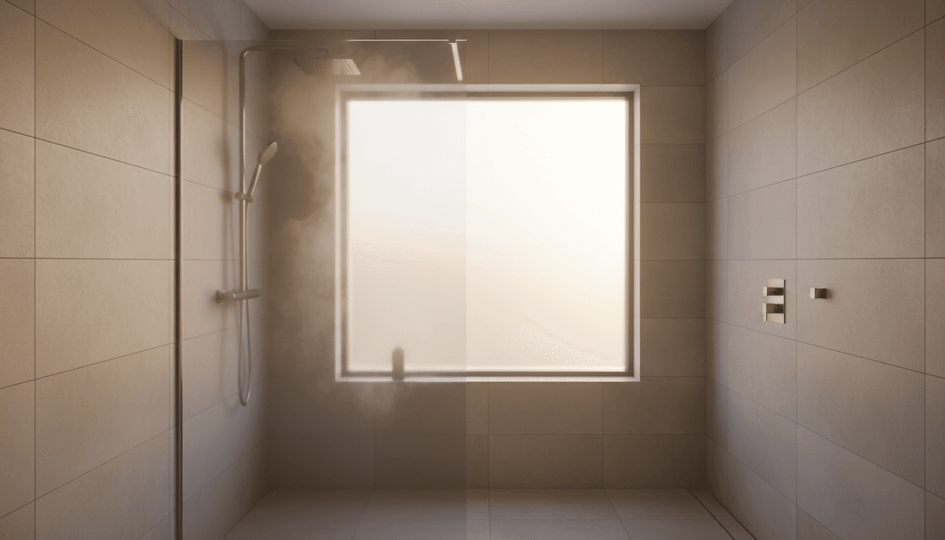 Elegant wet room with a frameless shower panel, natural light, and a clean, modern finish