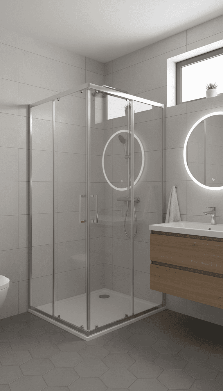 Corner-entry shower screen with sliding doors in a compact bathroom