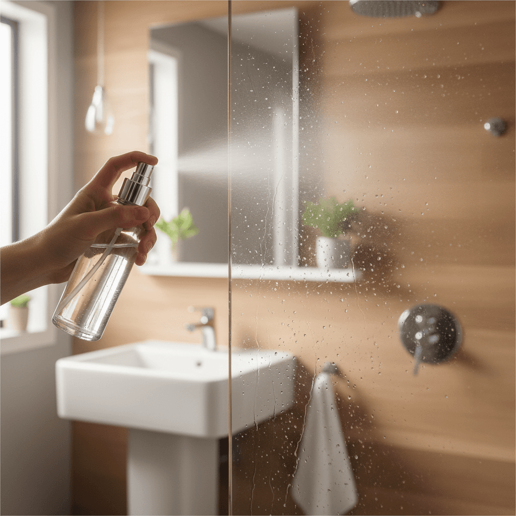Hand spraying water on a glass shower panel in a modern bathroom