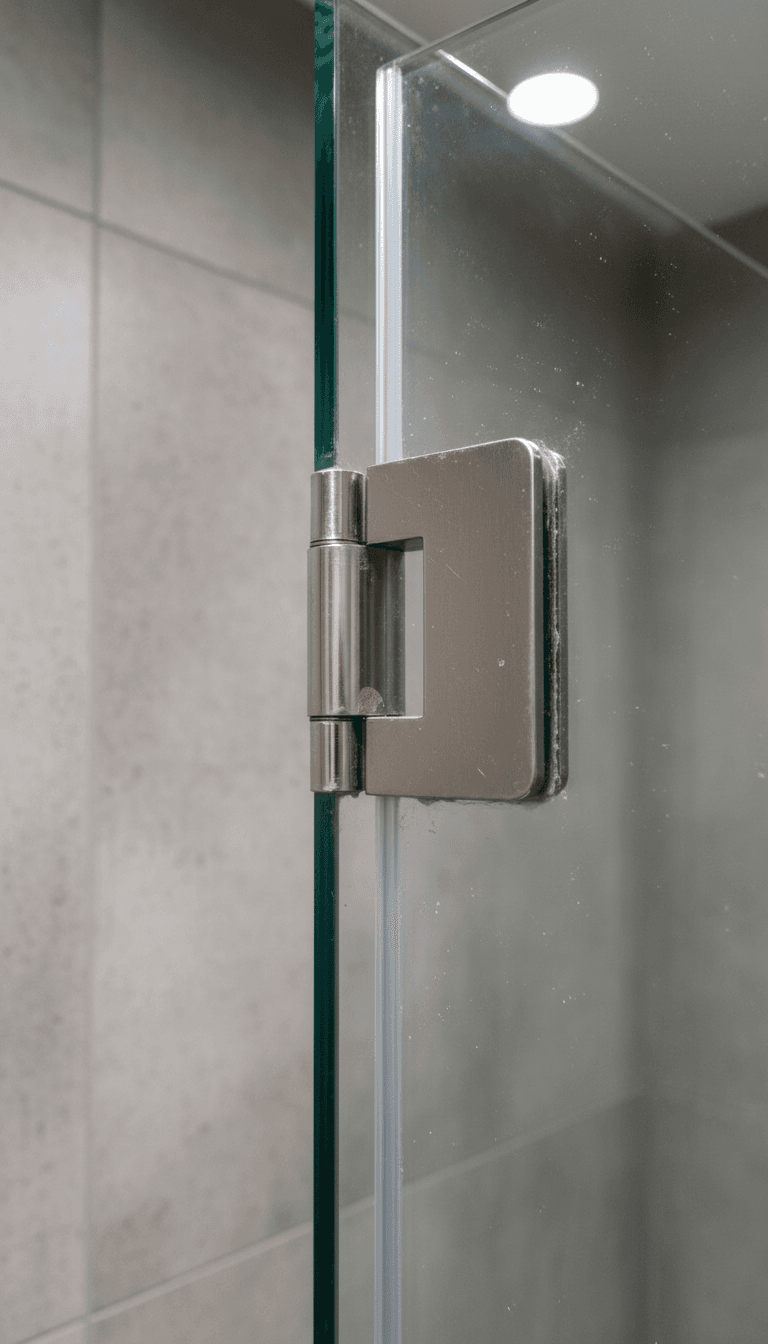 Close-up of frameless shower screen hinge and glass edge detail