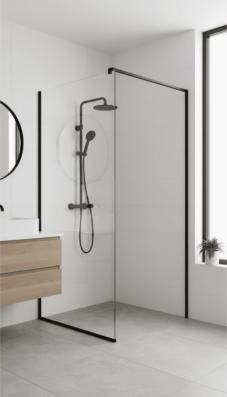 Semi-frameless shower screen with a slim black frame