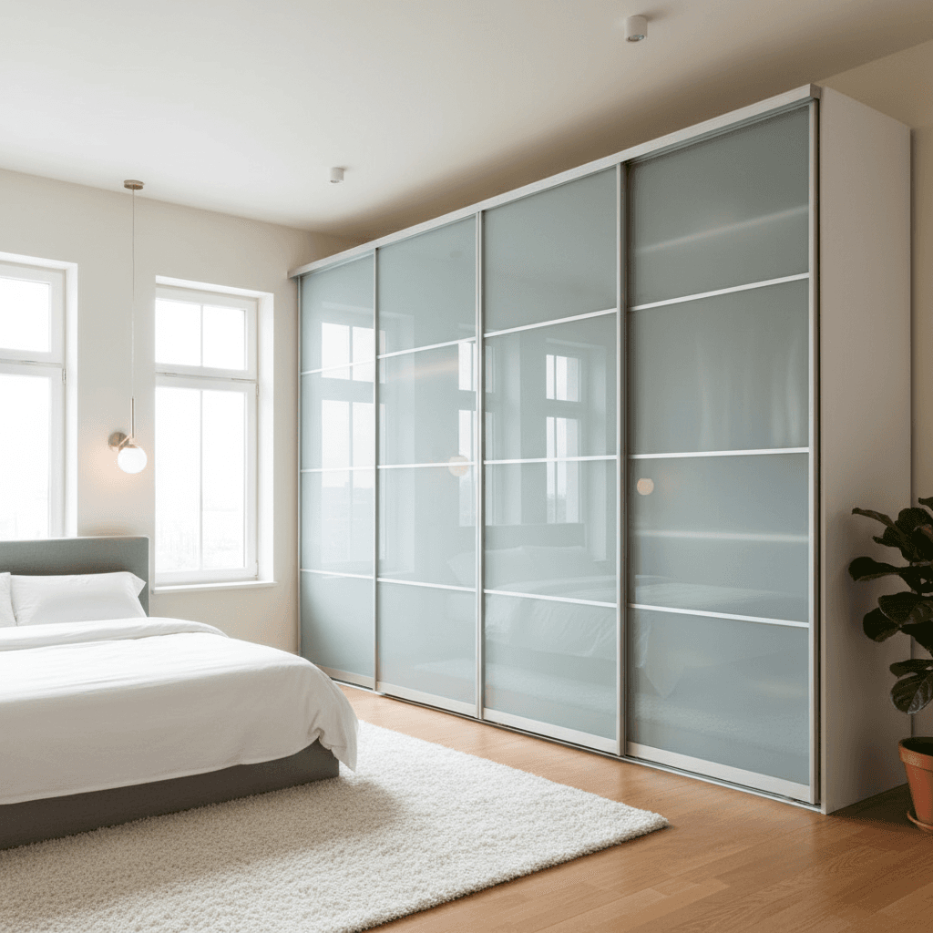 Modern sliding wardrobe doors with sleek aluminium frames in a bright bedroom