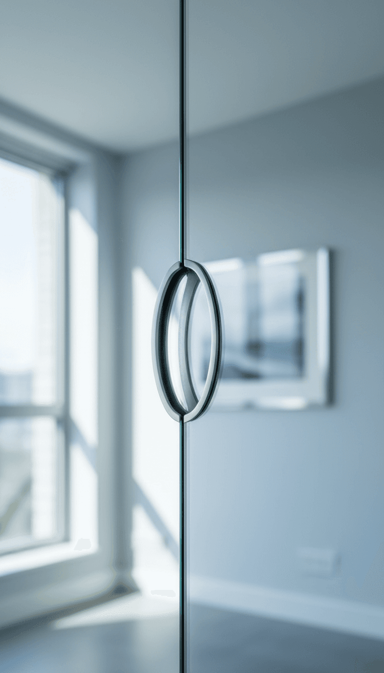 Flush finger-grip handle on mirrored sliding wardrobe door