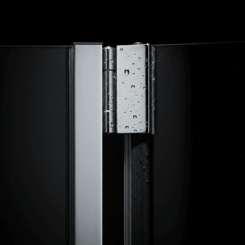 Corrosion-resistant hinge and seal on a semi-frameless shower screen