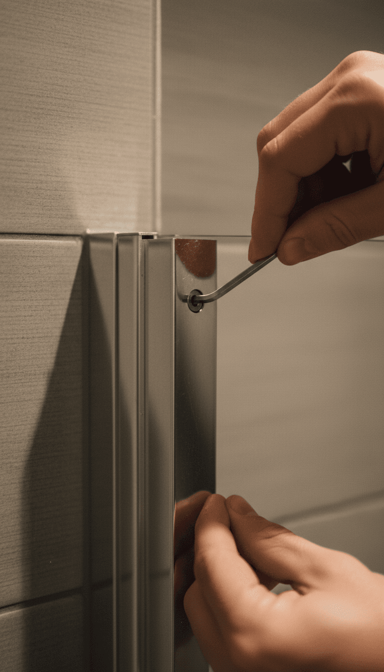 Close-up of brushed nickel frame detail on a shower screen installation