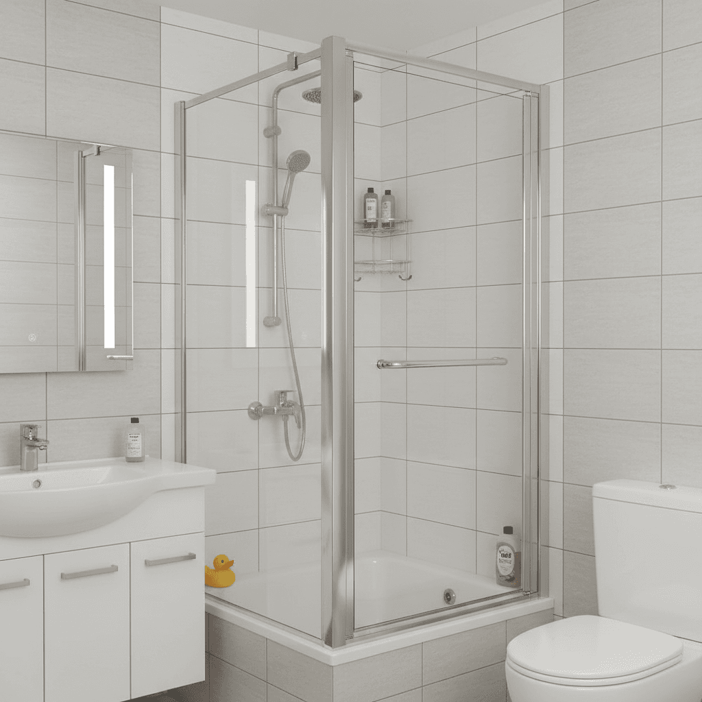 Fully framed shower screen with metal handle in a family bathroom