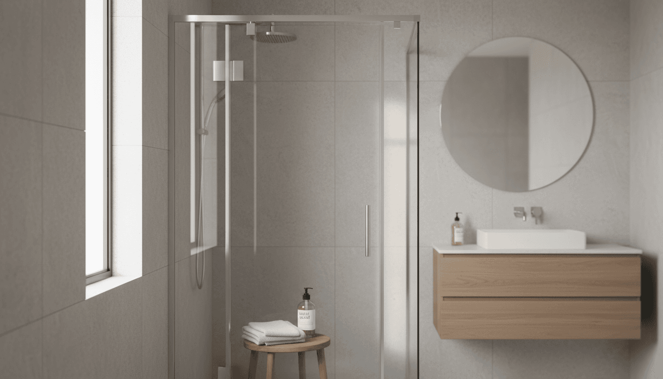 Modern semi-frameless shower screen in a bright Perth bathroom with natural light
