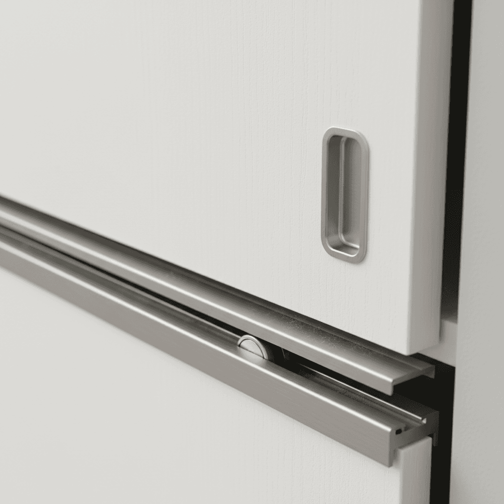 Close up of a sliding wardrobe door track and handle