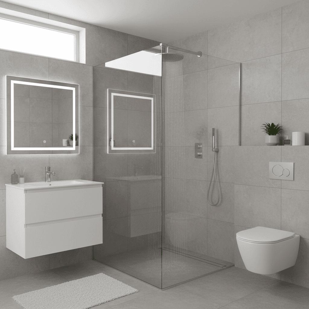 Modern bathroom with a corner-entry shower screen and rainfall shower head