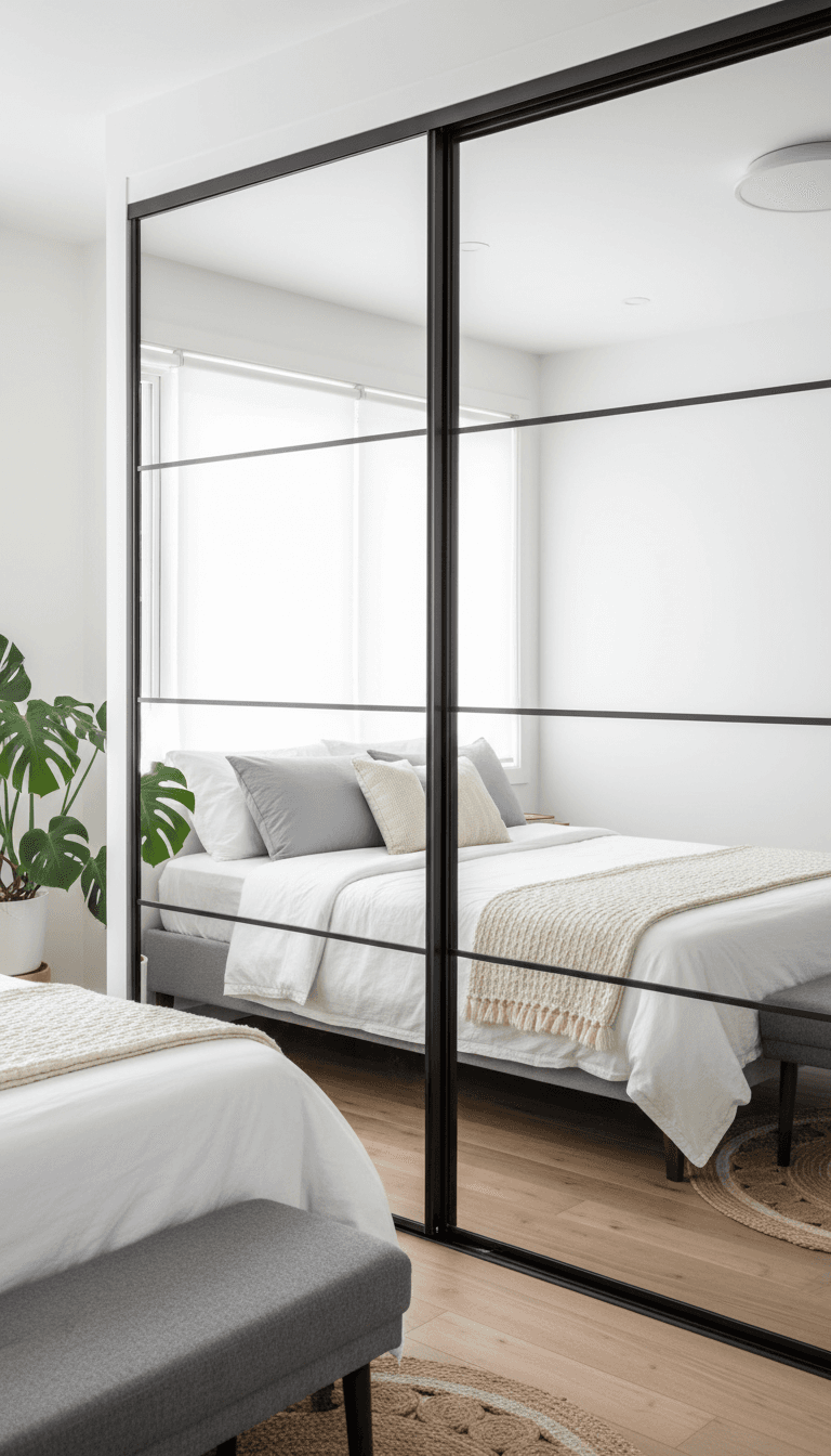 Mirrored sliding wardrobe doors making a bedroom feel larger
