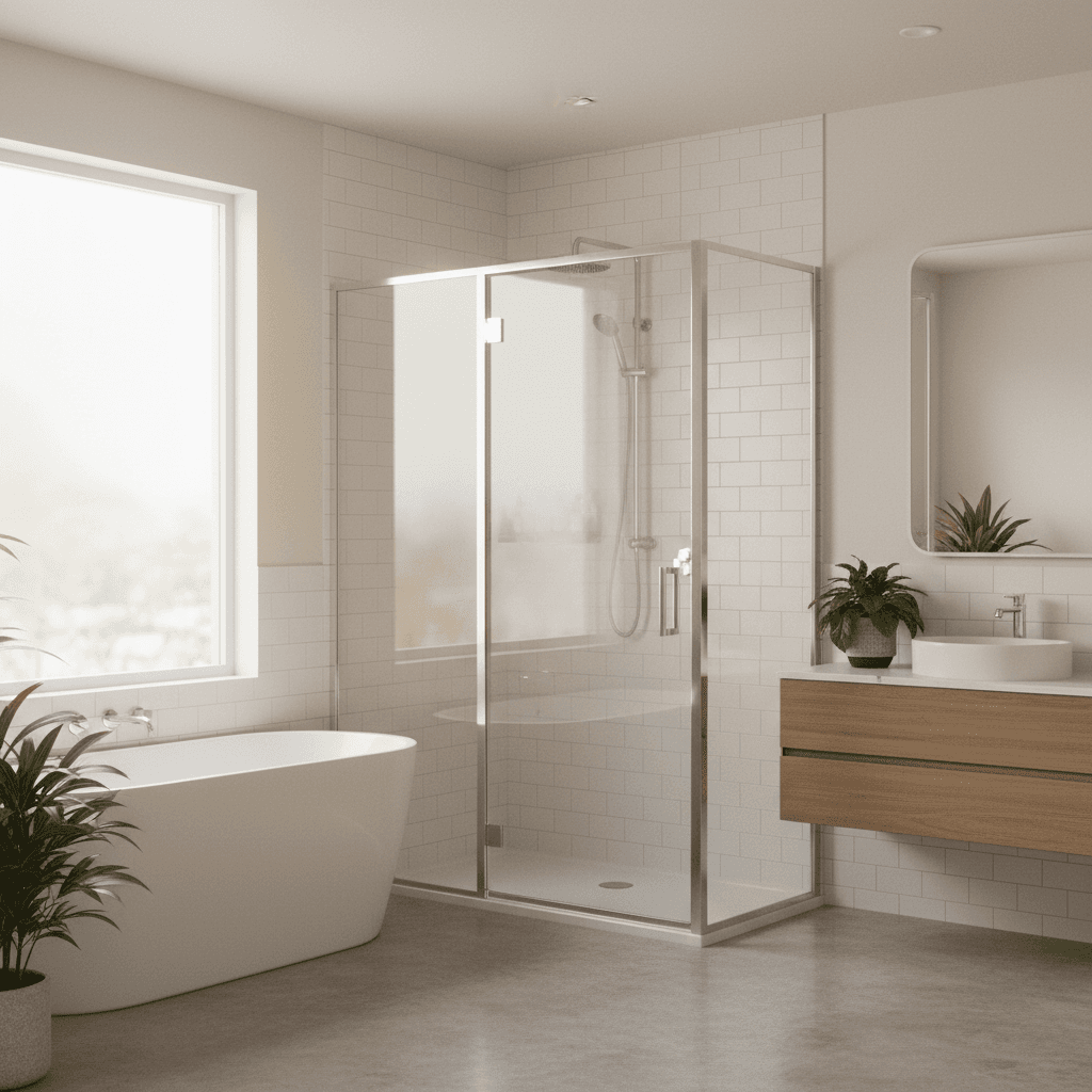 Complete framed shower screen installation in a bright modern Perth bathroom