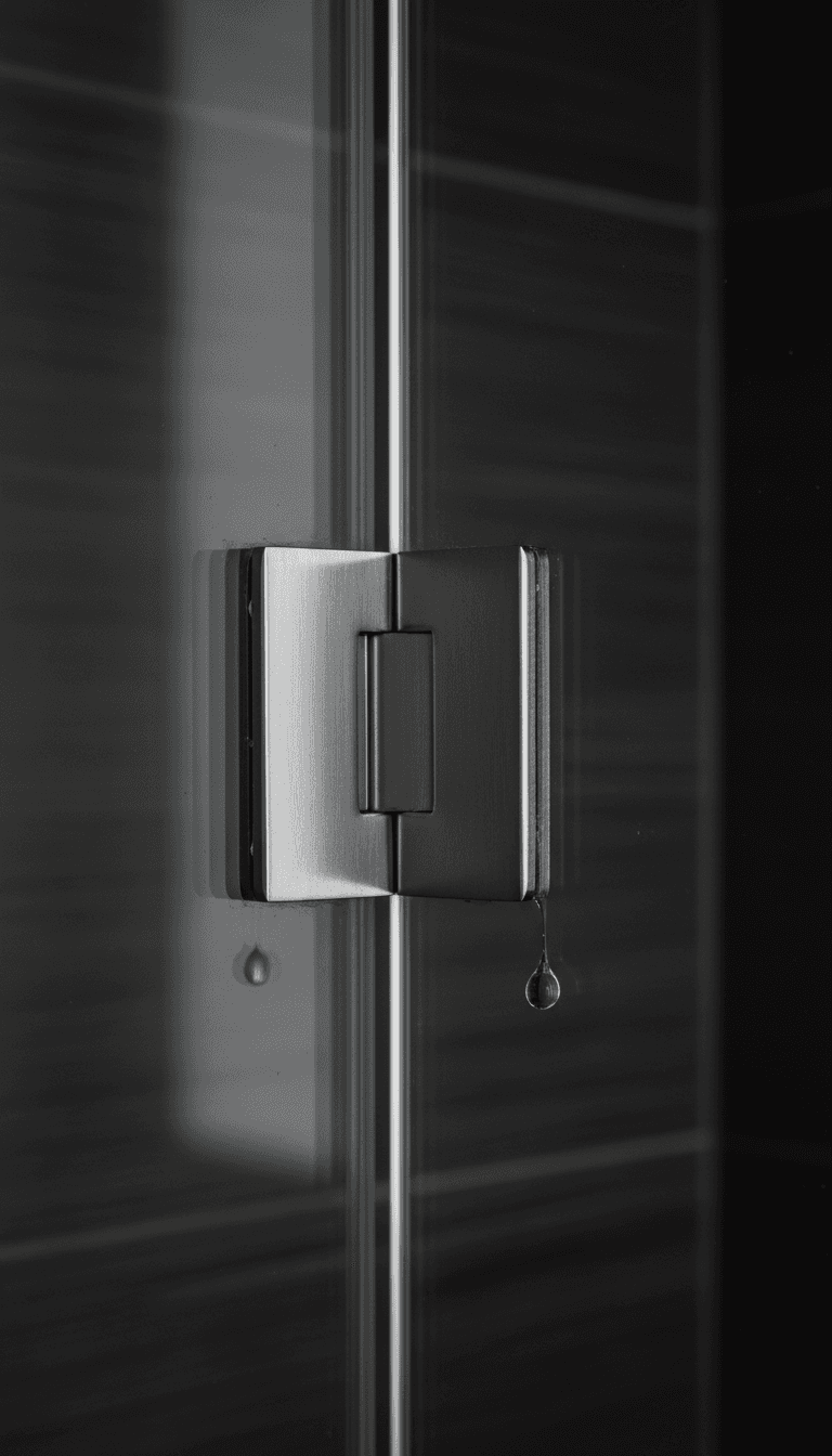 Close-up of a brushed stainless steel hinge and magnetic seal on a glass shower panel