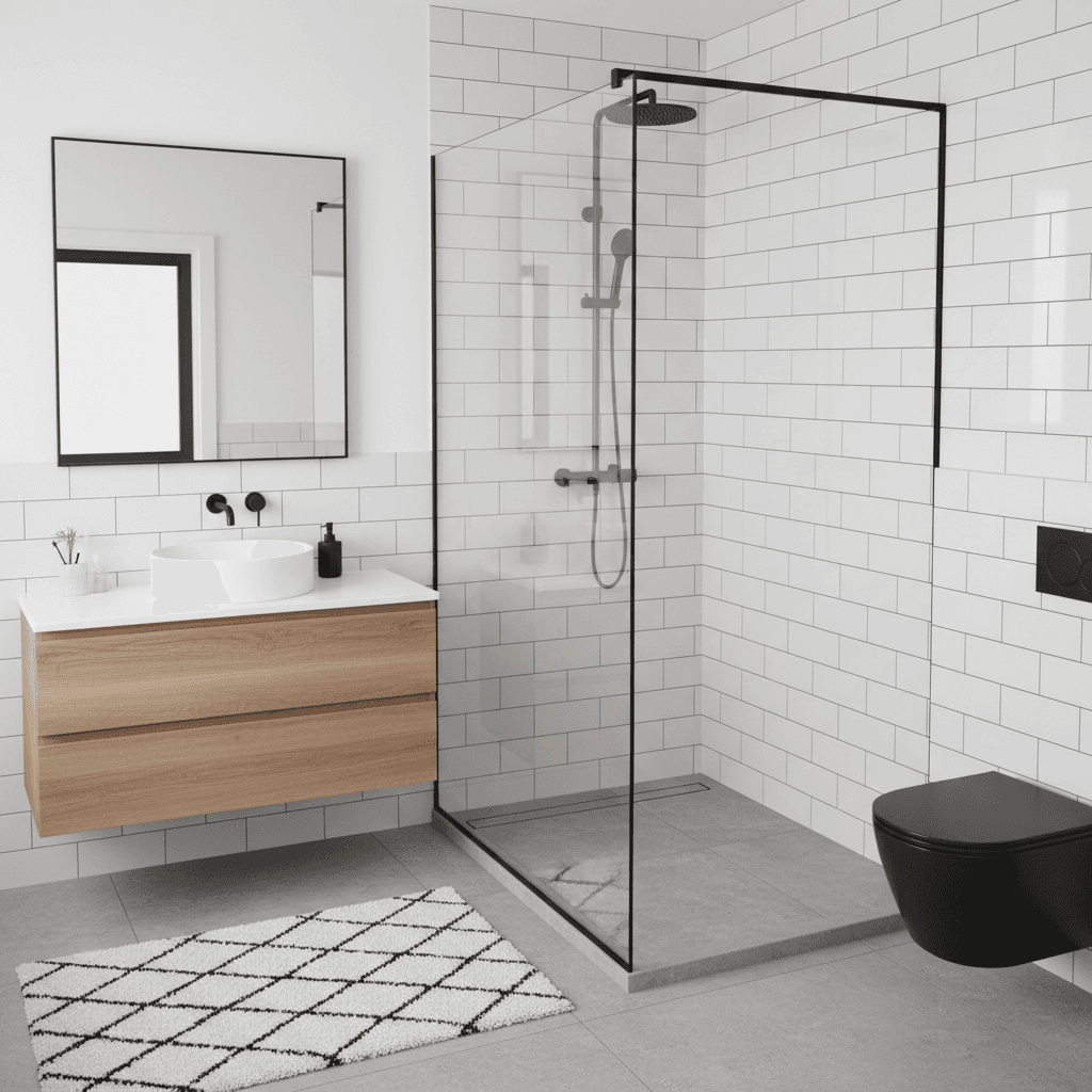 Walk-in shower with a fixed glass panel and matte black fixtures in a modern bathroom