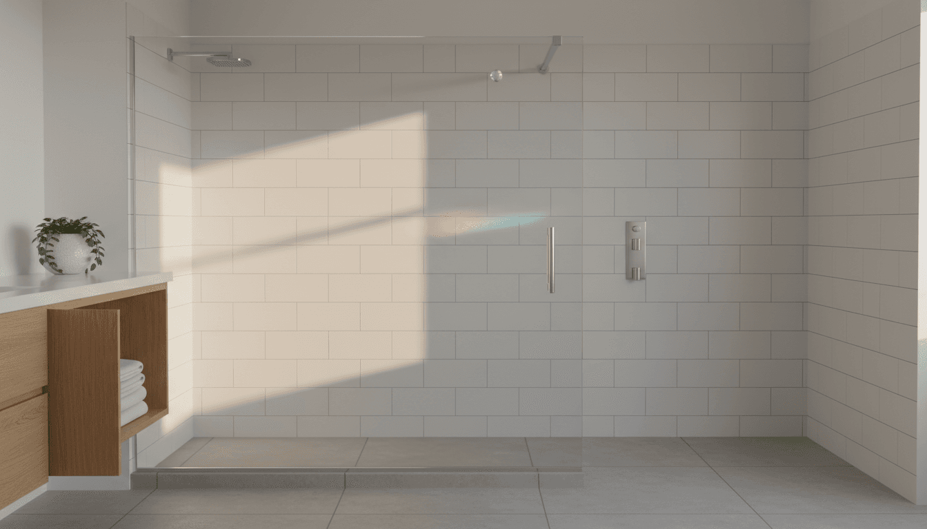 Morning sunlight catches the edge of a frameless shower screen, casting a soft prism across white bathroom tiles