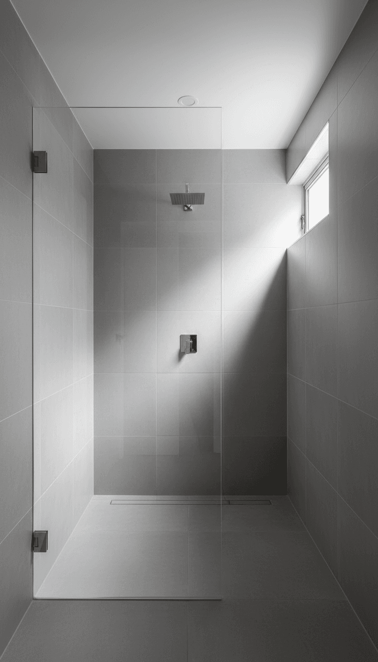 Frameless glass shower panel reaching floor to ceiling in a bright, minimal bathroom