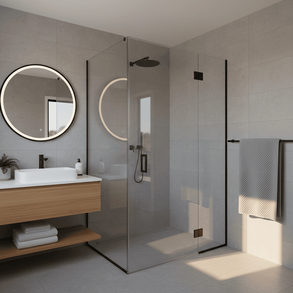 Semi-frameless shower screen in a modern Perth bathroom
