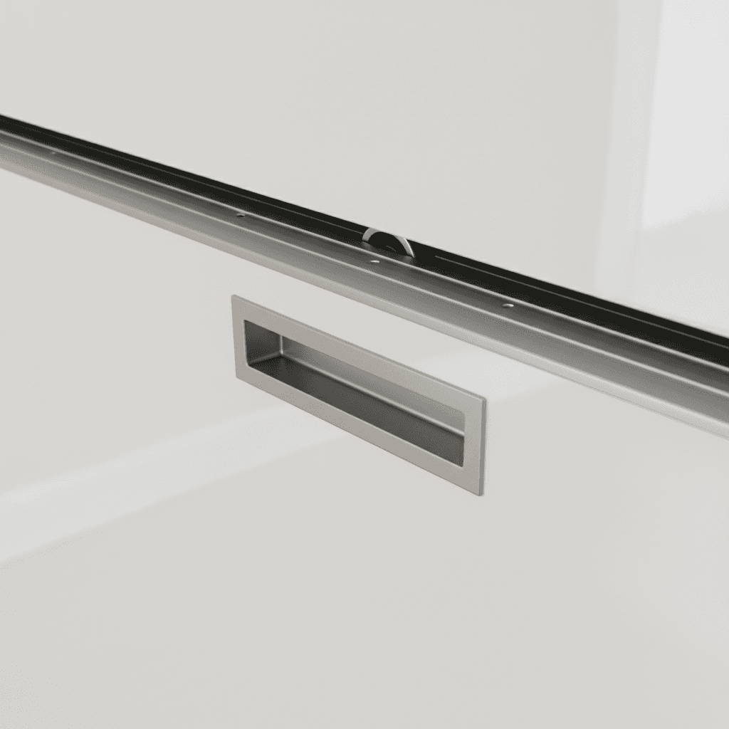 Close up of a sliding wardrobe door track and handle