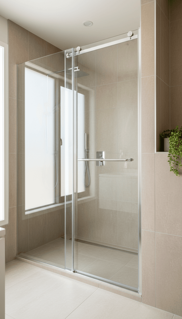 Frameless sliding door shower enclosure in a bright bathroom