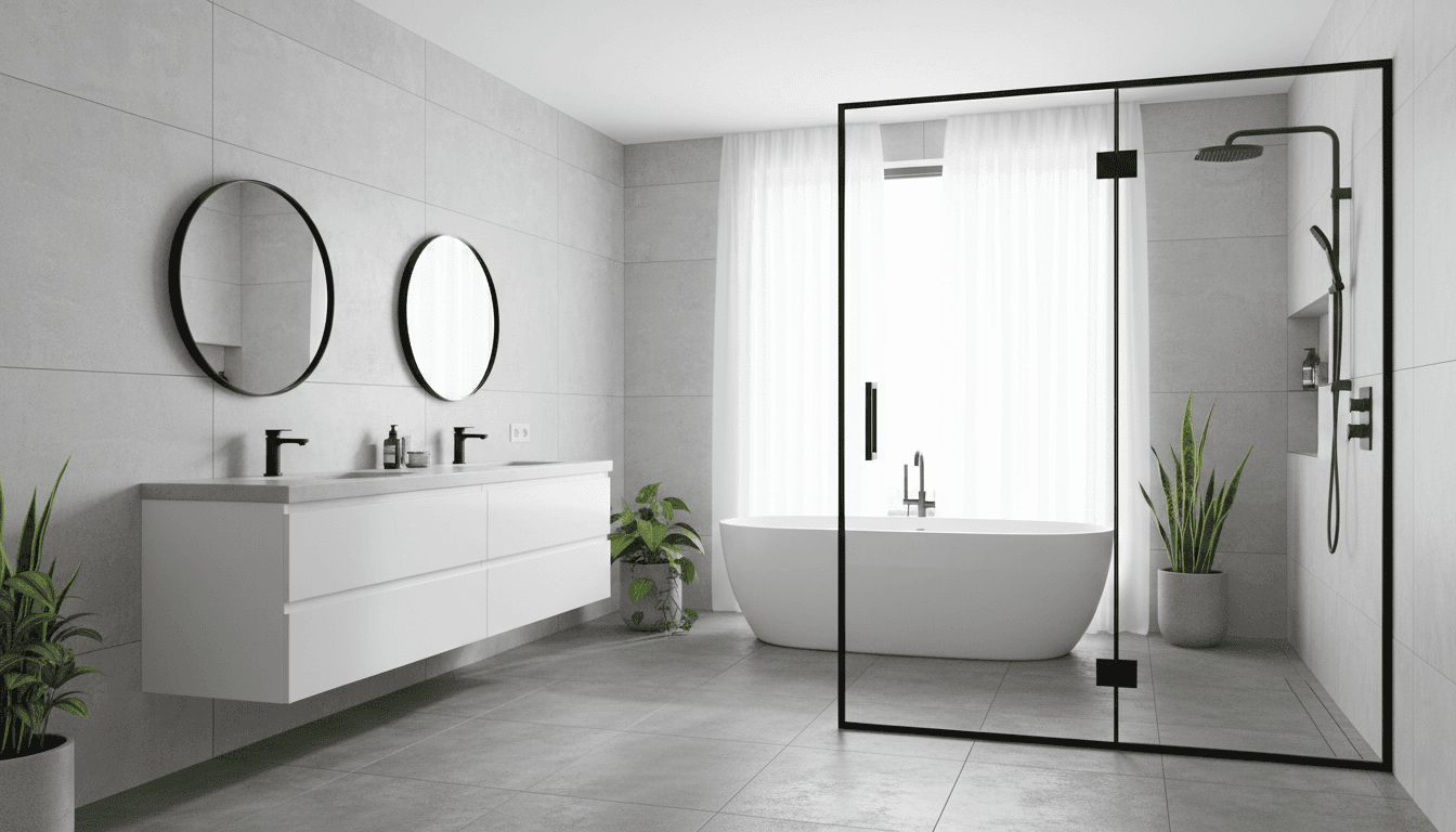 Modern semi-frameless shower screen with clear glass in a bright contemporary bathroom