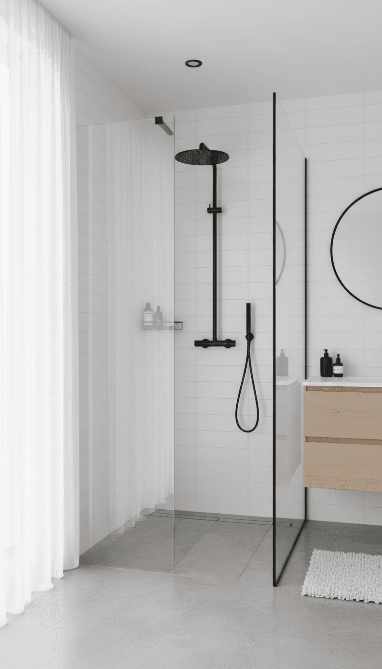 Modern walk-in shower with a sleek glass panel and matte black fittings