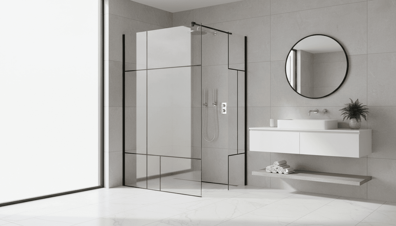 Modern framed shower screen in a bright, clean bathroom with natural light
