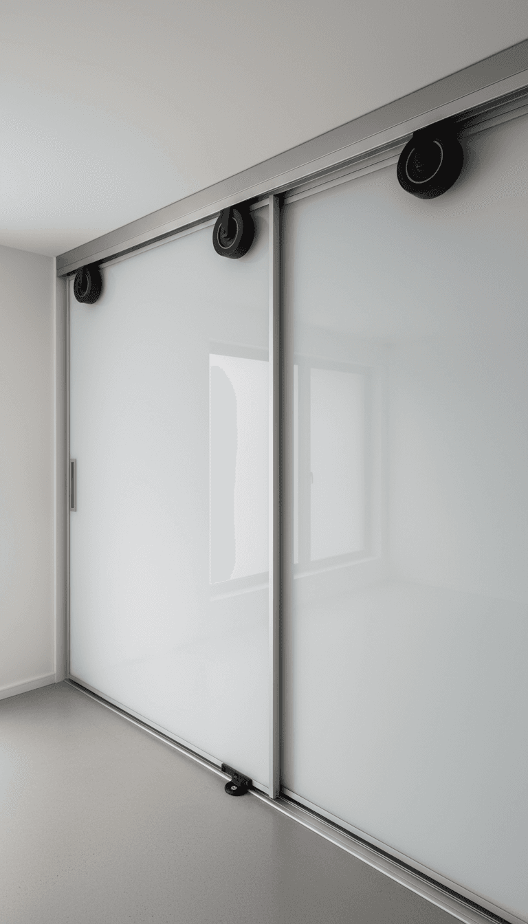 Close up of sliding wardrobe door hardware and smooth rail system
