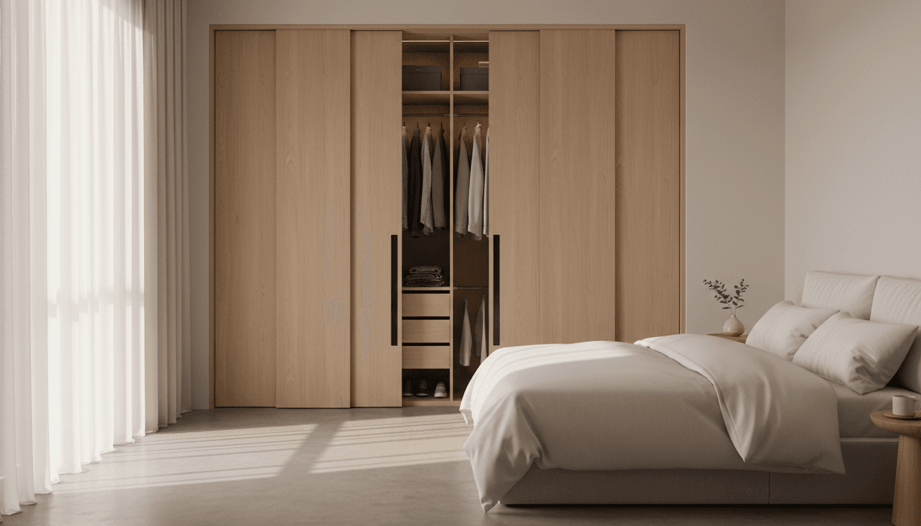 Modern bedroom with sleek sliding wardrobe doors