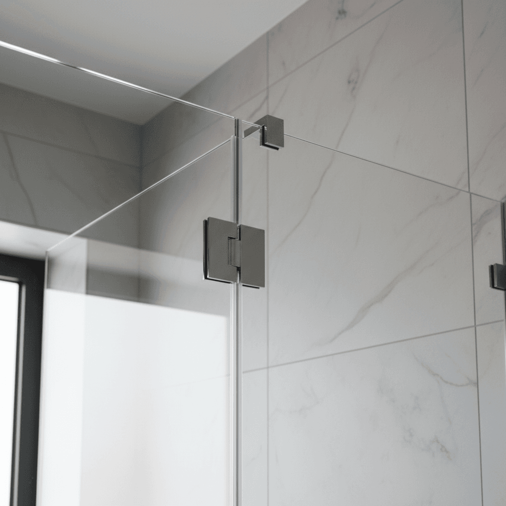 Frameless shower screen with clear tempered glass and chrome hardware