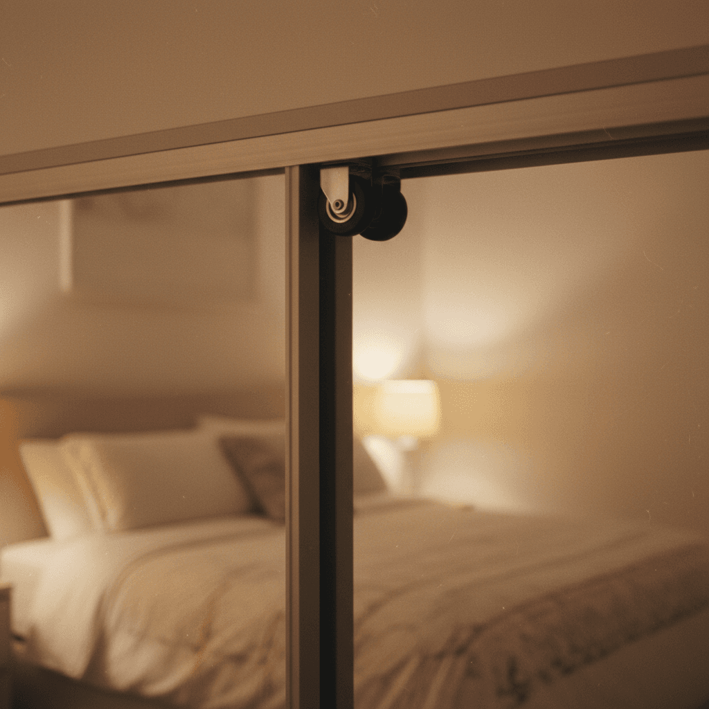 Sliding wardrobe door with frosted glass and aluminum track system